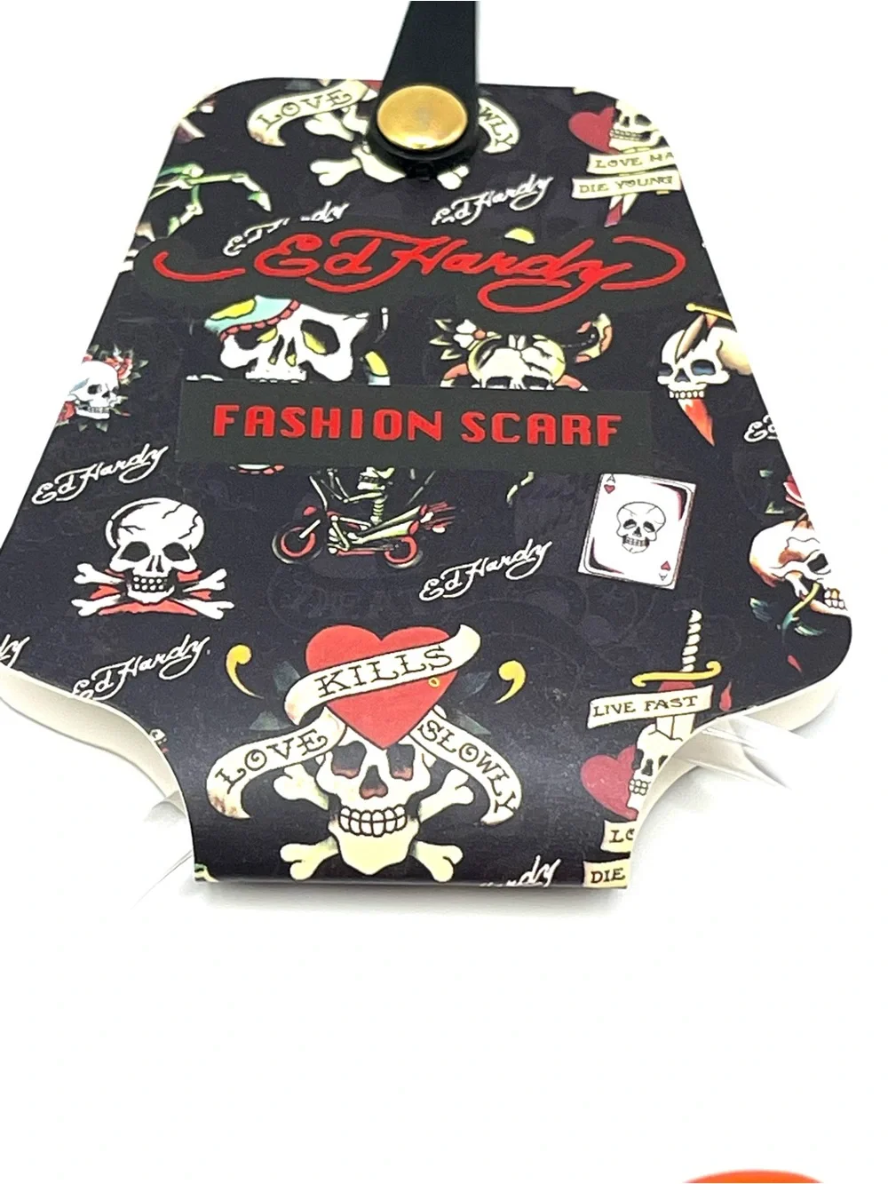 Ed Hardy Black Scarf with Pink Rose Border and Heart Skull Graphic Love